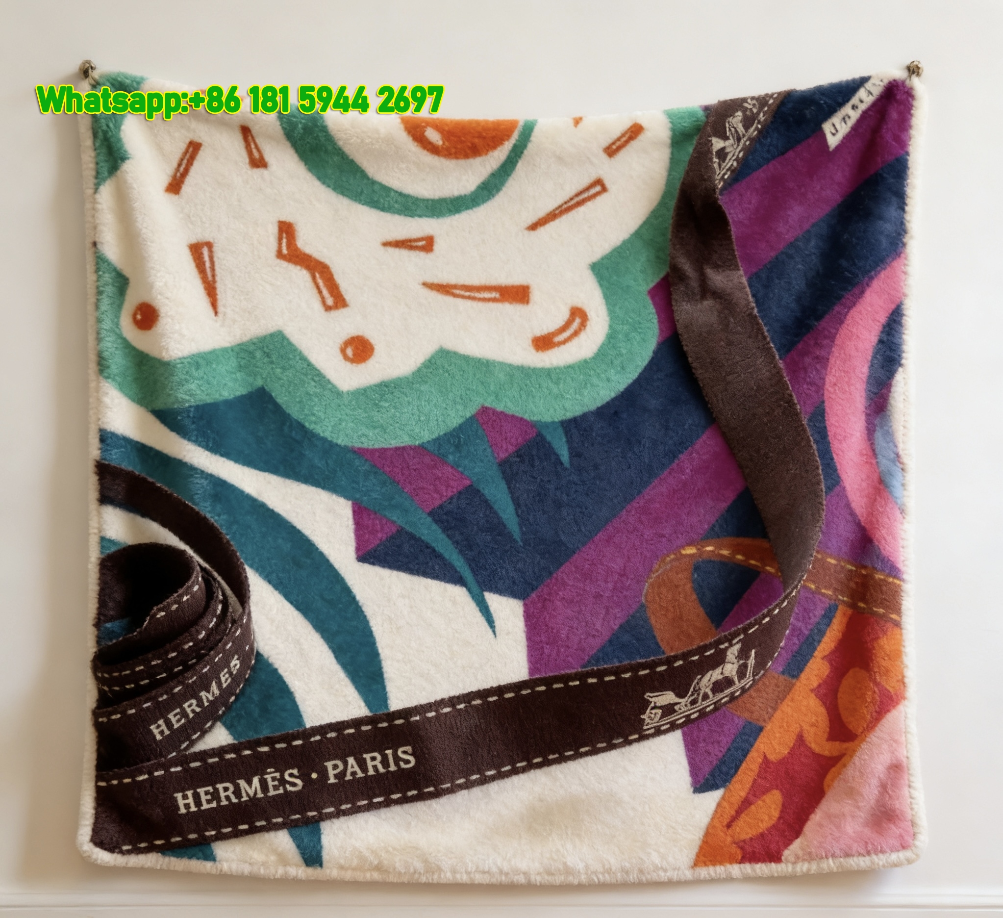 Colorful Abstract Floral & Hermès Ribbon Flannel Throw Blanket  IMG_5479